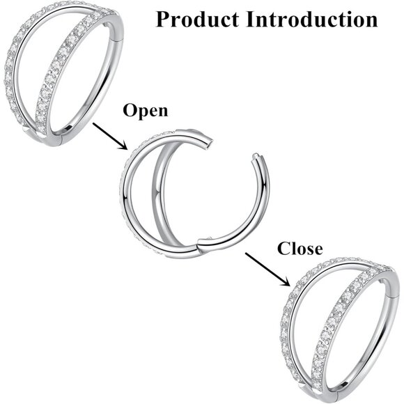 Unisex Double CZ Hoop Nose Ring - 316L Steel, 16G, 6mm, Silver - Picture 3 of 7